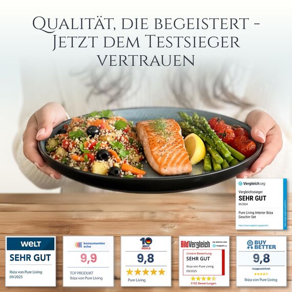 Steingut Geschirrset 6 Personen Ibiza 24 tlg. TESTSIEGER, Traumhaftes Mediterranes Steingut Geschirr Set, Schüssel- und Teller Set, Tafelservice 6 Personen, Geschirrsets Pure Living in Petrol