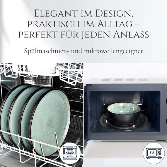 Steingut Geschirrset 6 Personen Ibiza 24 tlg. TESTSIEGER, Traumhaftes Mediterranes Steingut Geschirr Set, Schüssel- und Teller Set, Tafelservice 6 Personen, Geschirrsets Pure Living in Salbeigrün