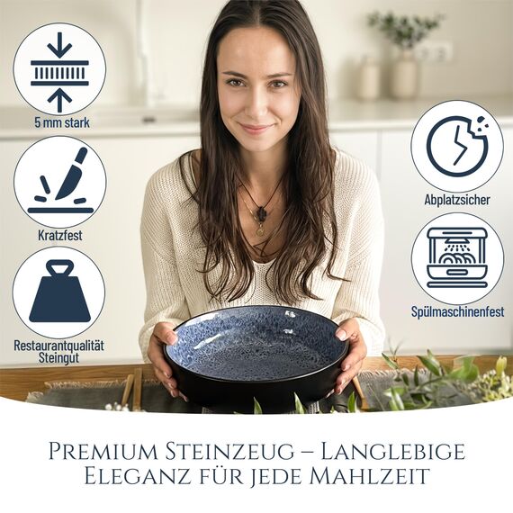 Steingut Servierschüssel Ibiza TESTSIEGER, Traumhafte Mediterrane Salatschüssel, Servierschale - Bowl Schüssel Groß, Salatschale - Pure Living in Rauchblau