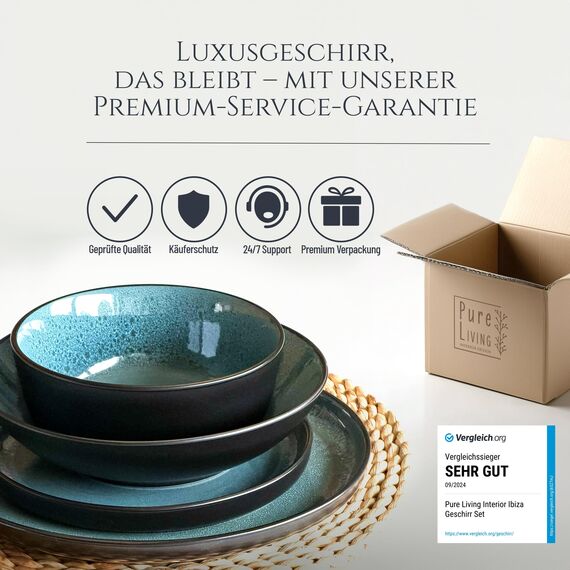 Steingut Geschirrset 6 Personen Ibiza 24 tlg. TESTSIEGER, Traumhaftes Mediterranes Steingut Geschirr Set, Schüssel- und Teller Set, Tafelservice 6 Personen, Geschirrsets Pure Living in Petrol