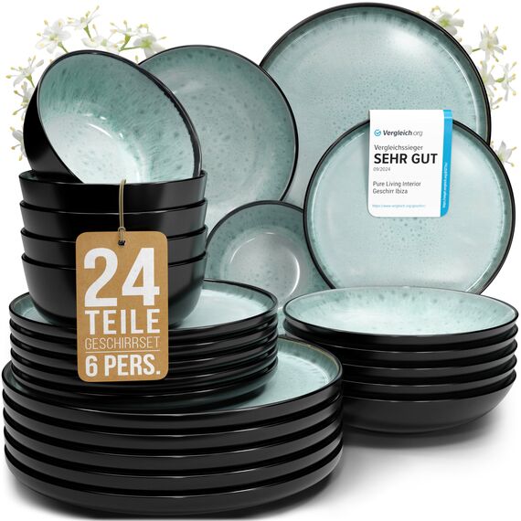 Steingut Geschirrset 6 Personen Ibiza 24 tlg. TESTSIEGER, Traumhaftes Mediterranes Steingut Geschirr Set, Schüssel- und Teller Set, Tafelservice 6 Personen, Geschirrsets Pure Living in Salbeigrün