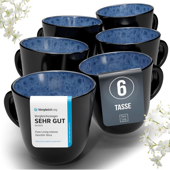 Steingut Kaffeetassen 6 Personen Ibiza TESTSIEGER, Traumhaftes Mediterranes Steingut Tassen Set, Stylisches Tee- und Kaffeebecher Set, Pure Living in Tiefblau