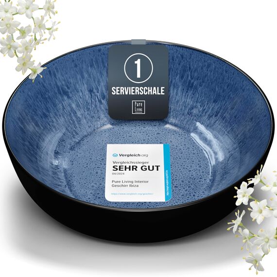 Steingut Servierschüssel Ibiza TESTSIEGER, Traumhafte Mediterrane Salatschüssel, Servierschale - Bowl Schüssel Groß, Salatschale - Pure Living in Tiefblau