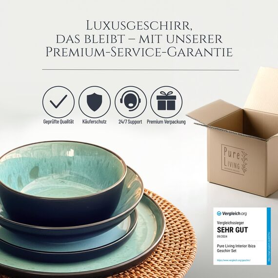 Steingut Geschirrset 6 Personen Ibiza 24 tlg. TESTSIEGER, Traumhaftes Mediterranes Steingut Geschirr Set, Schüssel- und Teller Set, Tafelservice 6 Personen, Geschirrsets Pure Living in Salbeigrün