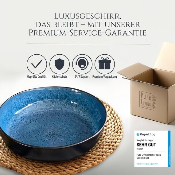 Steingut Servierschüssel Ibiza TESTSIEGER, Traumhafte Mediterrane Salatschüssel, Servierschale - Bowl Schüssel Groß, Salatschale - Pure Living in Tiefblau