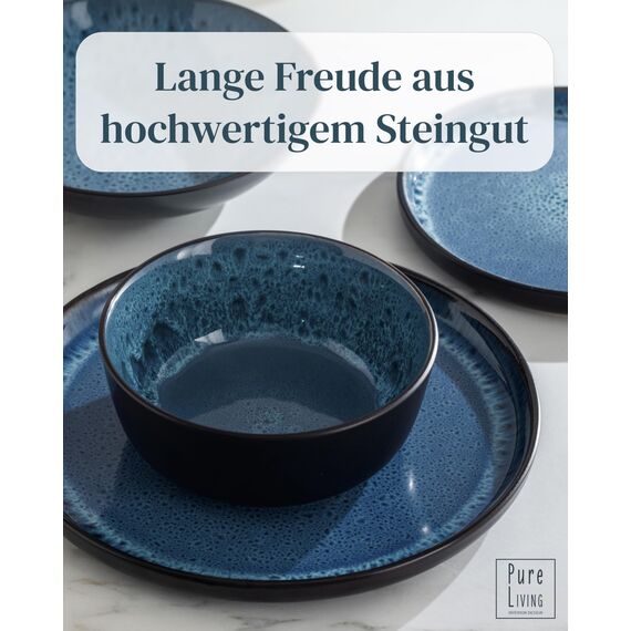 Steingut Suppenteller 6 Personen Ibiza TESTSIEGER, Traumhaftes Mediterranes Steingut Tiefe Teller Set, Pasta Teller Tief Groß - Pure Living in Tiefblau