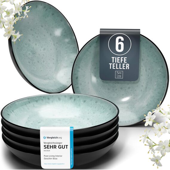 Steingut Suppenteller 6 Personen Ibiza TESTSIEGER, Traumhaftes Mediterranes Steingut Tiefe Teller Set, Pasta Teller Tief Groß - Pure Living in Salbeigrün
