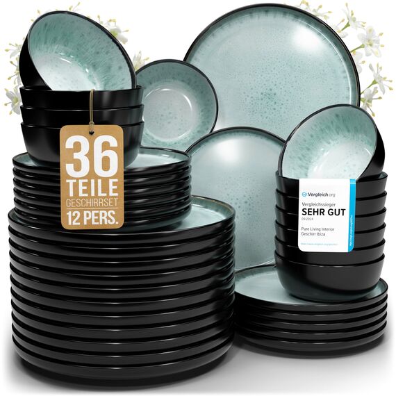 Steingut Geschirrset 12 Personen Ibiza 36 tlg. TESTSIEGER, Traumhaftes Mediterranes Steingut Geschirr Set, Schüssel- und Teller Set, Tafelservice 12 Personen, Geschirrsets Pure Living in Salbeigrün