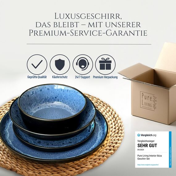 Steingut Geschirrset 6 Personen Ibiza 24 tlg. TESTSIEGER, Traumhaftes Mediterranes Steingut Geschirr Set, Schüssel- und Teller Set, Tafelservice 6 Personen, Geschirrsets Pure Living in Tiefblau
