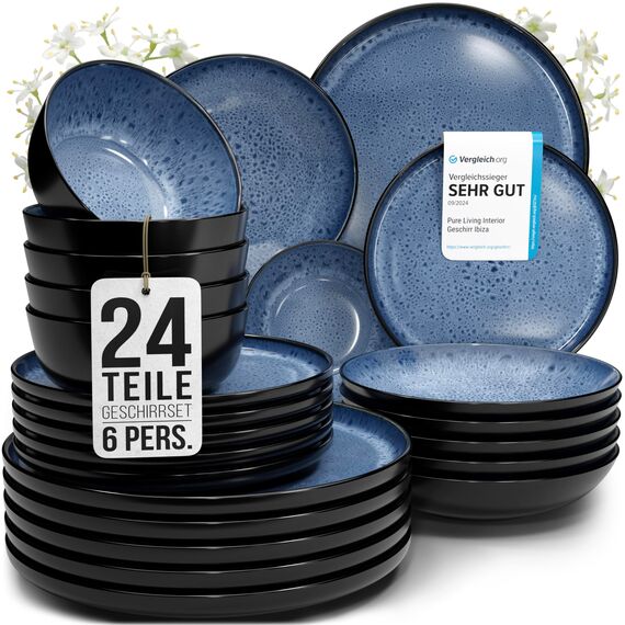 Steingut Geschirrset 6 Personen Ibiza 24 tlg. TESTSIEGER, Traumhaftes Mediterranes Steingut Geschirr Set, Schüssel- und Teller Set, Tafelservice 6 Personen, Geschirrsets Pure Living in Tiefblau