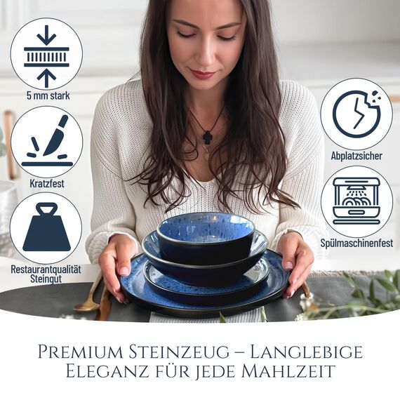 Steingut Geschirrset 6 Personen Ibiza 24 tlg. TESTSIEGER, Traumhaftes Mediterranes Steingut Geschirr Set, Schüssel- und Teller Set, Tafelservice 6 Personen, Geschirrsets Pure Living in Tiefblau