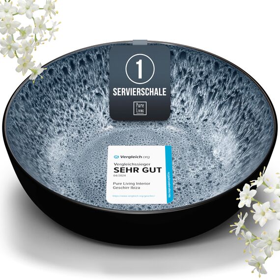 Steingut Servierschüssel Ibiza TESTSIEGER, Traumhafte Mediterrane Salatschüssel, Servierschale - Bowl Schüssel Groß, Salatschale - Pure Living in Rauchblau