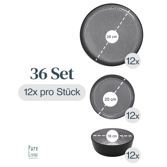 Steingut Geschirrset 12 Personen Ibiza 36 tlg. TESTSIEGER, Traumhaftes Mediterranes Steingut Geschirr Set, Schüssel- und Teller Set, Tafelservice 12 Personen, Geschirrsets Pure Living in Grau