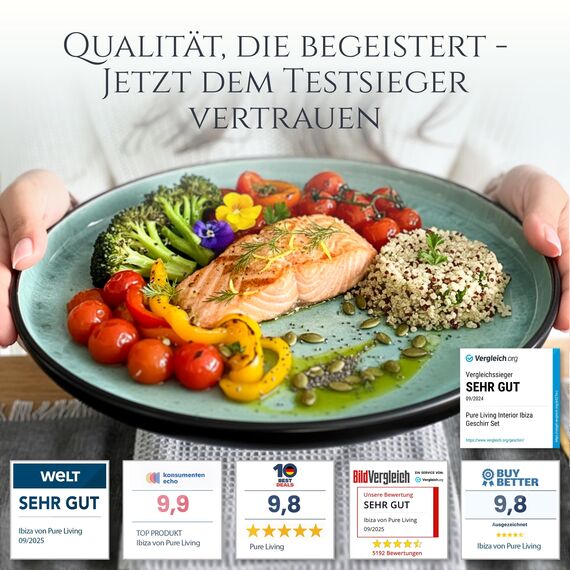 Steingut Geschirrset 6 Personen Ibiza 24 tlg. TESTSIEGER, Traumhaftes Mediterranes Steingut Geschirr Set, Schüssel- und Teller Set, Tafelservice 6 Personen, Geschirrsets Pure Living in Salbeigrün