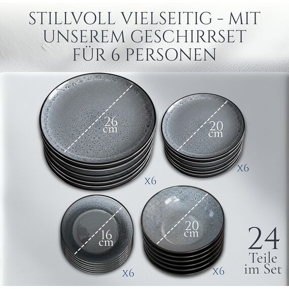 Steingut Geschirrset 6 Personen Ibiza 24 tlg, Traumhaftes Mediterranes Steingut Geschirr Set, Schüssel- und Teller Set, Tafelservice 6 Personen, Geschirrsets Pure Living in Grau/schwarz
