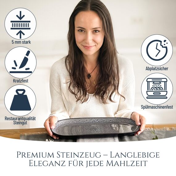 Steingut Servier Teller Groß Ibiza TESTSIEGER, Traumhafte Mediterrane Steingut Servierplatte, Serving Plate Oval, Servierteller Groß - Pure Living in Grau
