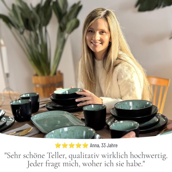 Steingut Geschirrset 6 Personen Ibiza 24 tlg. TESTSIEGER, Traumhaftes Mediterranes Steingut Geschirr Set, Schüssel- und Teller Set, Tafelservice 6 Personen, Geschirrsets Pure Living in Salbeigrün