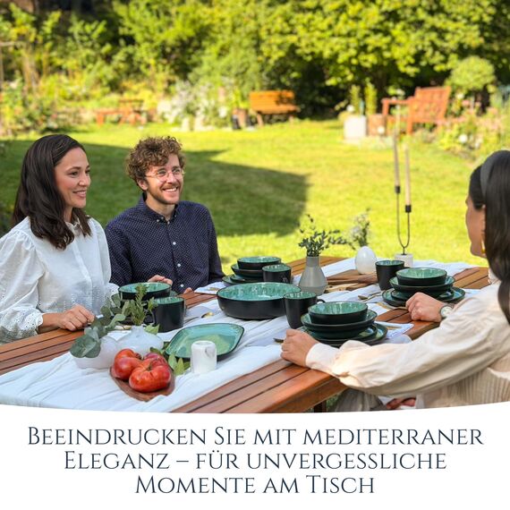 Steingut Geschirrset 6 Personen Ibiza 24 tlg. TESTSIEGER, Traumhaftes Mediterranes Steingut Geschirr Set, Schüssel- und Teller Set, Tafelservice 6 Personen, Geschirrsets Pure Living in Salbeigrün