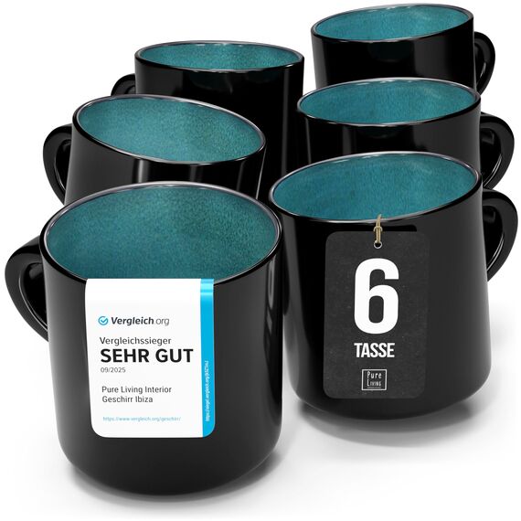 Steingut kleine Kaffeetassen 6 Pers. Ibiza Hochwertiges Mediterranes TEST SEHR GUT Tassen Set, Spülmaschinen-, Mikrowellen- und Kratzfest - Stylisches Tee- und Kaffeebecher Set - Pure Living in Petrol