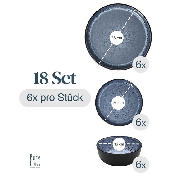 Steingut Geschirrset 6 Personen Ibiza 18 tlg. TESTSIEGER, Traumhaftes Mediterranes Steingut Geschirr Set, Schüssel- und Teller Set, Tafelservice 6 Personen, Geschirrsets Pure Living in Rauchblau