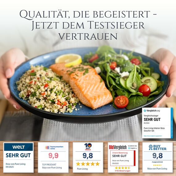 Steingut Geschirrset 6 Personen Ibiza 24 tlg. TESTSIEGER, Traumhaftes Mediterranes Steingut Geschirr Set, Schüssel- und Teller Set, Tafelservice 6 Personen, Geschirrsets Pure Living in Tiefblau