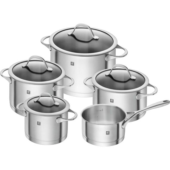 ZWILLING Essence Kochtopf-Set 5-teilig mit Glasdeckel, Induktionsgeeignet, Unbeschichtet, Edelstahl, Silber