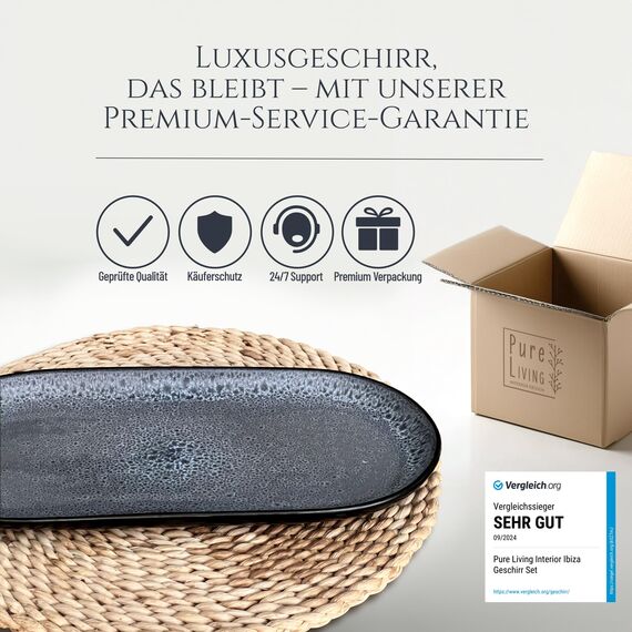 Steingut Servier Teller Groß Ibiza TESTSIEGER, Traumhafte Mediterrane Steingut Servierplatte, Serving Plate Oval, Servierteller Groß - Pure Living in Grau