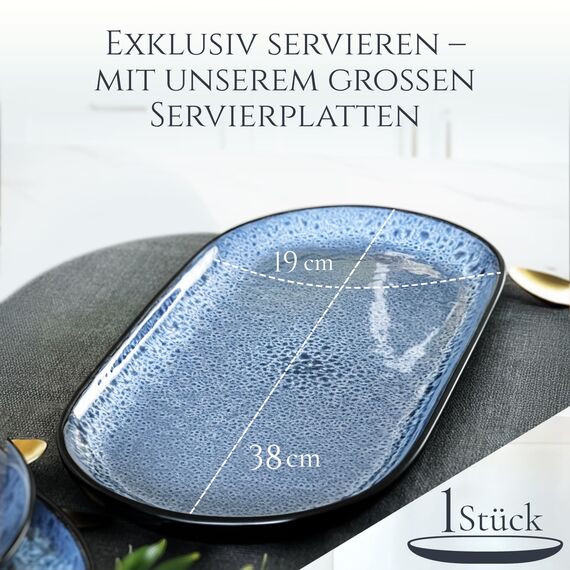 Steingut Servier Teller Groß Ibiza TESTSIEGER, Traumhafte Mediterrane Steingut Servierplatte, Serving Plate Oval, Servierteller Groß - Pure Living in Rauchblau