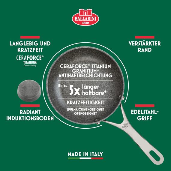 BALLARINI Salina Schmorpfanne mit Deckel, 28 cm, Keramikantihaftbeschichtung mit Titan-Hartgrundierung, kratzfeste Keramikpfanne für alle Herdarten, Induktionsgeeignet [Made in Italy]