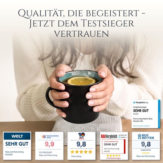 Steingut kleine Kaffeetassen 6 Pers. Ibiza Hochwertiges Mediterranes TEST SEHR GUT Tassen Set, Spülmaschinen-, Mikrowellen- und Kratzfest - Stylisches Tee- und Kaffeebecher Set - Pure Living in Petrol