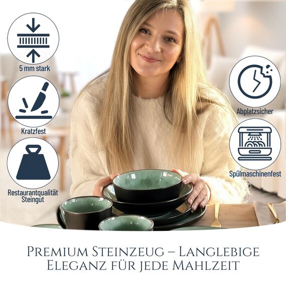 Steingut Teller Groß 6 Personen Ibiza TESTSIEGER, Traumhaftes Mediterranes Steingut Speiseteller Set, Stylisches Essteller Set, Pure Living in Salbeigrün