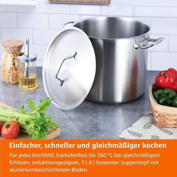 Amazon Basics Edelstahl-Suppentopf mit Aluminiumbeschichtung und Deckel, 11.4 l, Silber