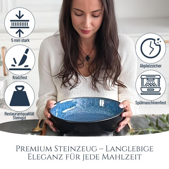 Steingut Servierschüssel Ibiza TESTSIEGER, Traumhafte Mediterrane Salatschüssel, Servierschale - Bowl Schüssel Groß, Salatschale - Pure Living in Tiefblau