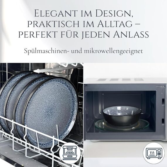 Steingut Geschirrset 6 Personen Ibiza 24 tlg, Traumhaftes Mediterranes Steingut Geschirr Set, Schüssel- und Teller Set, Tafelservice 6 Personen, Geschirrsets Pure Living in Grau/schwarz