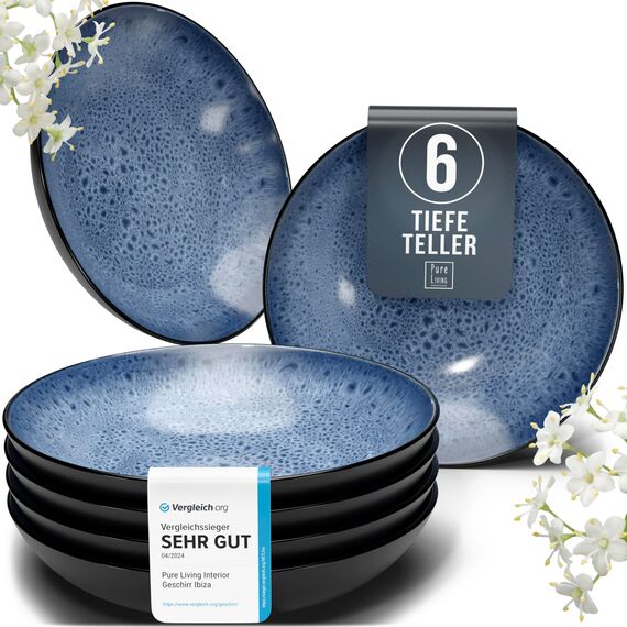 Steingut Suppenteller 6 Personen Ibiza TESTSIEGER, Traumhaftes Mediterranes Steingut Tiefe Teller Set, Pasta Teller Tief Groß - Pure Living in Tiefblau