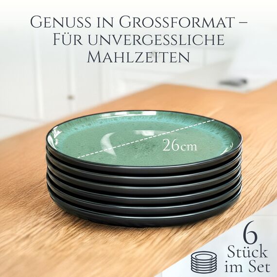 Steingut Teller Groß 6 Personen Ibiza TESTSIEGER, Traumhaftes Mediterranes Steingut Speiseteller Set, Stylisches Essteller Set, Pure Living in Salbeigrün