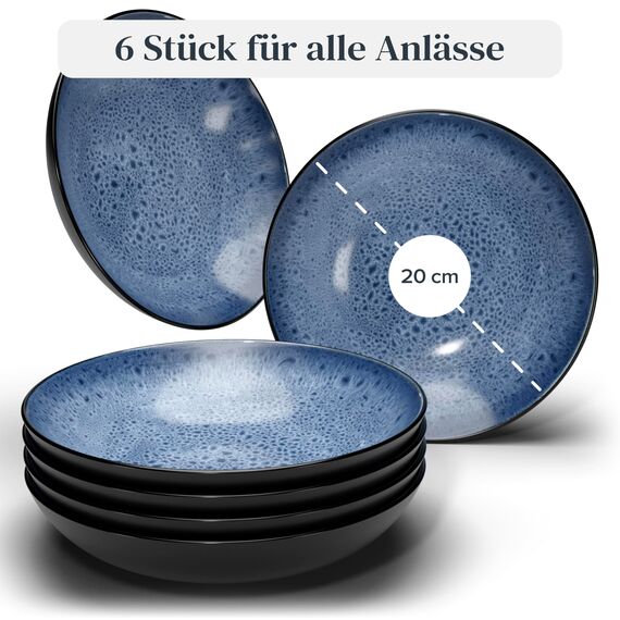 Steingut Suppenteller 6 Personen Ibiza TESTSIEGER, Traumhaftes Mediterranes Steingut Tiefe Teller Set, Pasta Teller Tief Groß - Pure Living in Tiefblau