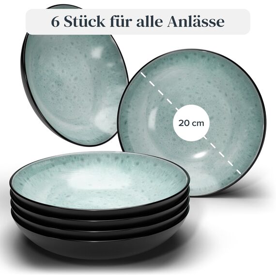 Steingut Suppenteller 6 Personen Ibiza TESTSIEGER, Traumhaftes Mediterranes Steingut Tiefe Teller Set, Pasta Teller Tief Groß - Pure Living in Salbeigrün