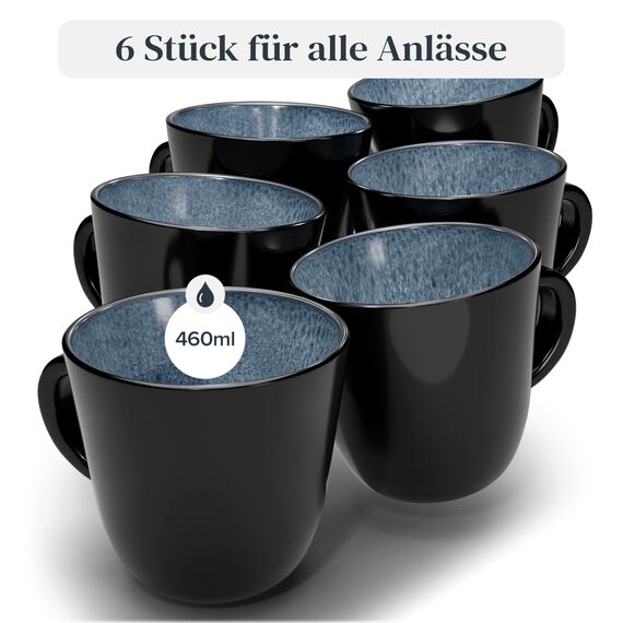 Steingut Kaffeetassen 6 Personen Ibiza TESTSIEGER, Traumhaftes Mediterranes Steingut Tassen Set, Stylisches Tee- und Kaffeebecher Set, Pure Living in Rauchblau