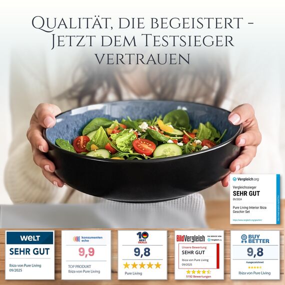 Steingut Servierschüssel Ibiza TESTSIEGER, Traumhafte Mediterrane Salatschüssel, Servierschale - Bowl Schüssel Groß, Salatschale - Pure Living in Rauchblau