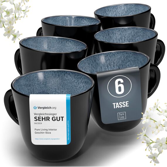 Steingut Kaffeetassen 6 Personen Ibiza TESTSIEGER, Traumhaftes Mediterranes Steingut Tassen Set, Stylisches Tee- und Kaffeebecher Set, Pure Living in Rauchblau