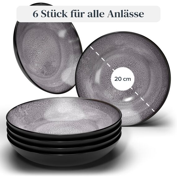 Steingut Suppenteller 6 Personen Ibiza TESTSIEGER, Traumhaftes Mediterranes Steingut Tiefe Teller Set, Pasta Teller Tief Groß - Pure Living in Grau