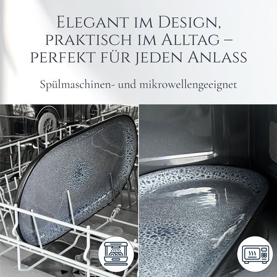 Steingut Servier Teller Groß Ibiza TESTSIEGER, Traumhafte Mediterrane Steingut Servierplatte, Serving Plate Oval, Servierteller Groß - Pure Living in Grau
