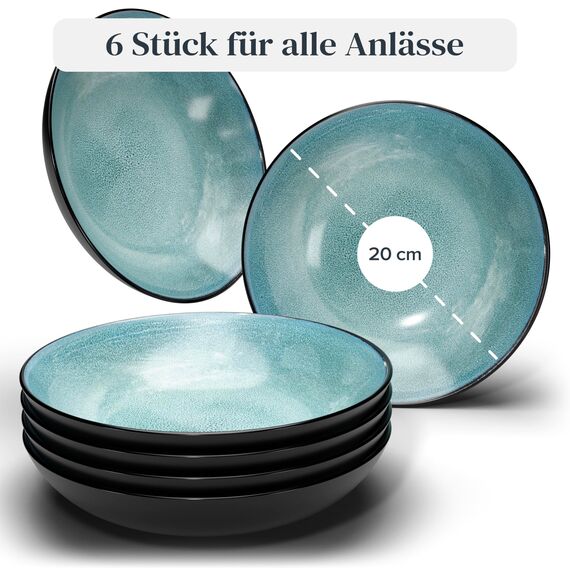 Steingut Suppenteller 6 Personen Ibiza TESTSIEGER, Traumhaftes Mediterranes Steingut Tiefe Teller Set, Pasta Teller Tief Groß - Pure Living in Petrol