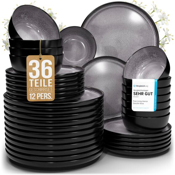 Steingut Geschirrset 12 Personen Ibiza 36 tlg. TESTSIEGER, Traumhaftes Mediterranes Steingut Geschirr Set, Schüssel- und Teller Set, Tafelservice 12 Personen, Geschirrsets Pure Living in Grau