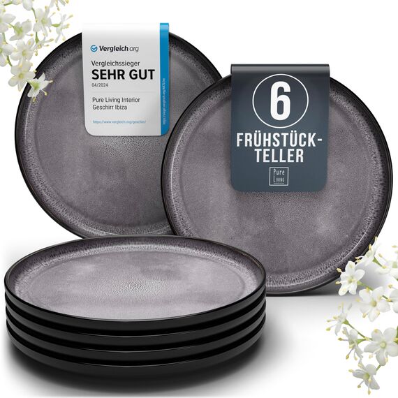 Steingut Frühstücksteller 6 Personen Ibiza TESTSIEGER, Traumhaftes Mediterranes Steingut Dessertteller Set, Kleine Teller, Salatteller - Pure Living in Grau