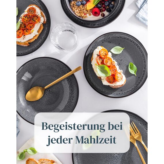 Steingut Suppenteller 6 Personen Ibiza TESTSIEGER, Traumhaftes Mediterranes Steingut Tiefe Teller Set, Pasta Teller Tief Groß - Pure Living in Grau