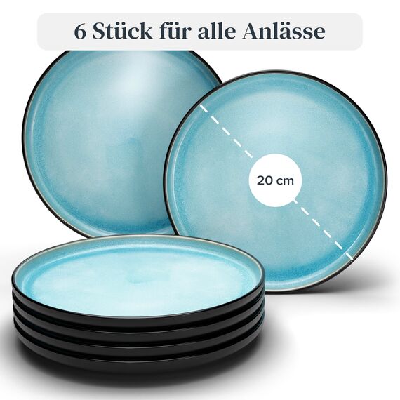 Steingut Frühstücksteller 6 Personen Ibiza TESTSIEGER, Traumhaftes Mediterranes Steingut Dessertteller Set, Kleine Teller, Salatteller - Pure Living in Aquamarin