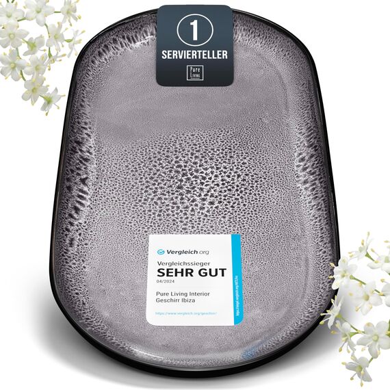 Steingut Servier Teller Groß Ibiza TESTSIEGER, Traumhafte Mediterrane Steingut Servierplatte, Serving Plate Oval, Servierteller Groß - Pure Living in Grau