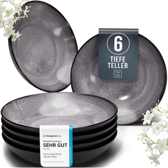 Steingut Suppenteller 6 Personen Ibiza TESTSIEGER, Traumhaftes Mediterranes Steingut Tiefe Teller Set, Pasta Teller Tief Groß - Pure Living in Grau